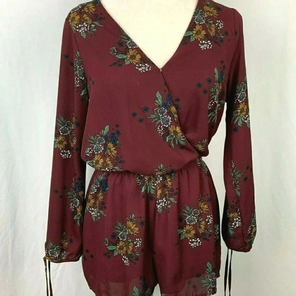 One Clothing Floral Romper S Maroon Red Tie Back